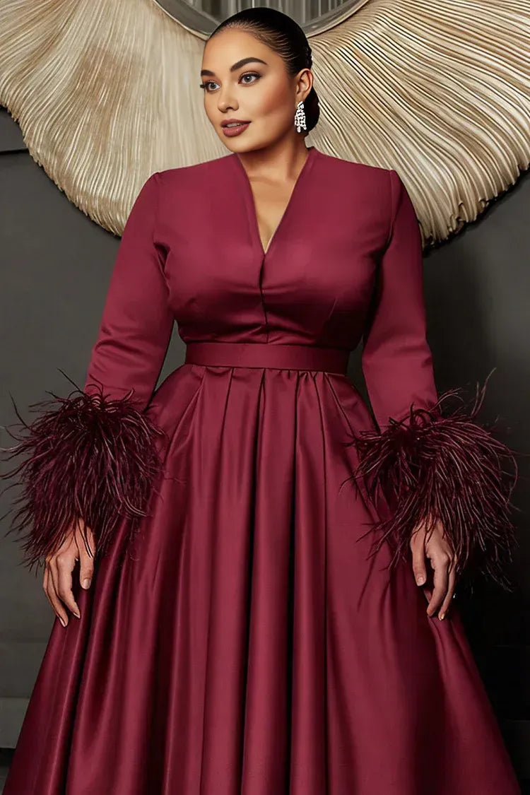 Timeless Special Occasion Elegant Burgundy Satin A-Line Long Sleeve Midi Prom Dress