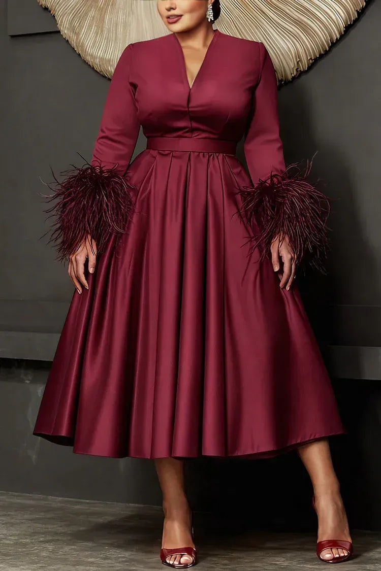 Timeless Special Occasion Elegant Burgundy Satin A-Line Long Sleeve Midi Prom Dress