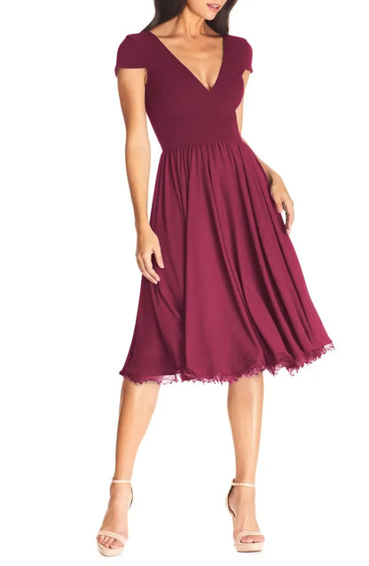 Timeless Special Occasion Elegant Black Chiffon A-Line Short Sleeve Tea-Length Prom Dress