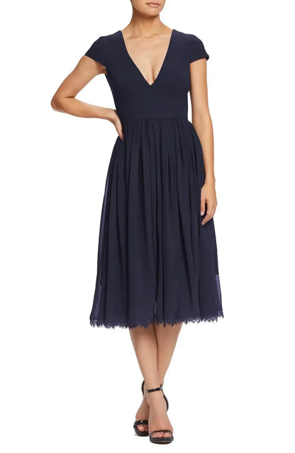 Timeless Special Occasion Elegant Black Chiffon A-Line Short Sleeve Tea-Length Prom Dress