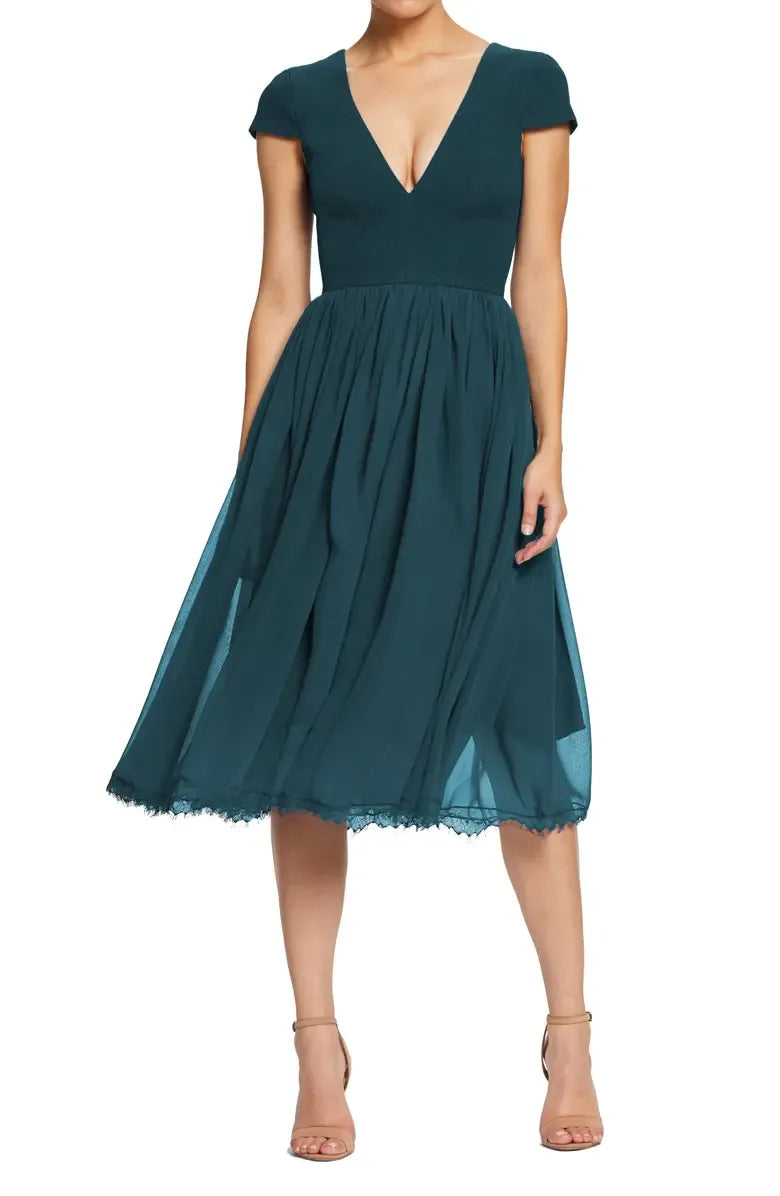 Timeless Special Occasion Elegant Black Chiffon A-Line Short Sleeve Tea-Length Prom Dress