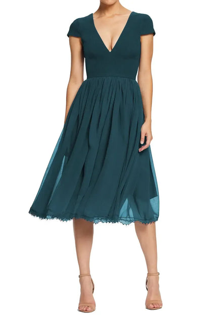 Timeless Special Occasion Elegant Black Chiffon A-Line Short Sleeve Tea-Length Prom Dress