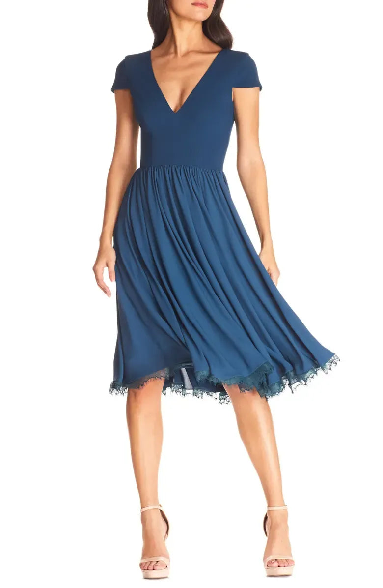 Timeless Special Occasion Elegant Black Chiffon A-Line Short Sleeve Tea-Length Prom Dress