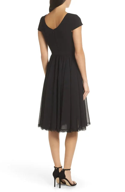 Timeless Special Occasion Elegant Black Chiffon A-Line Short Sleeve Tea-Length Prom Dress