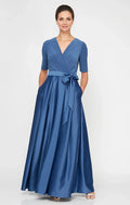 Elegant Blue Satin A-Line Short Sleeve Floor-Length Mother of the Bride Dress