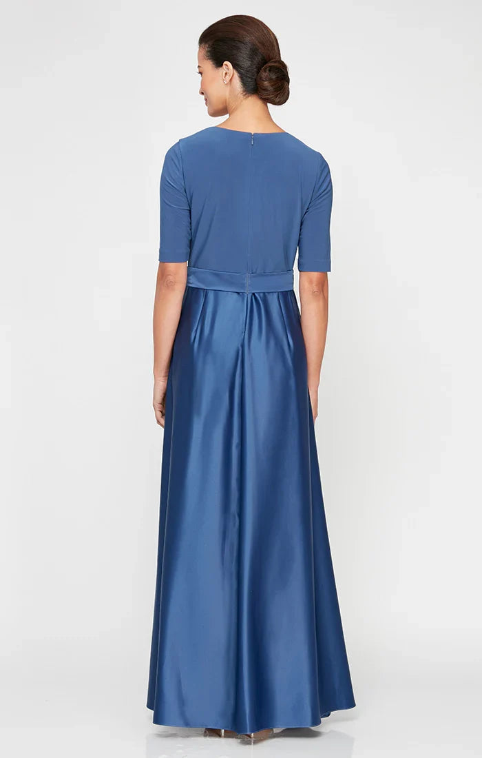 Elegant Blue Satin A-Line Short Sleeve Floor-Length Mother of the Bride Dress
