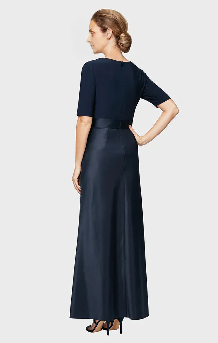 Elegant Blue Satin A-Line Short Sleeve Floor-Length Mother of the Bride Dress