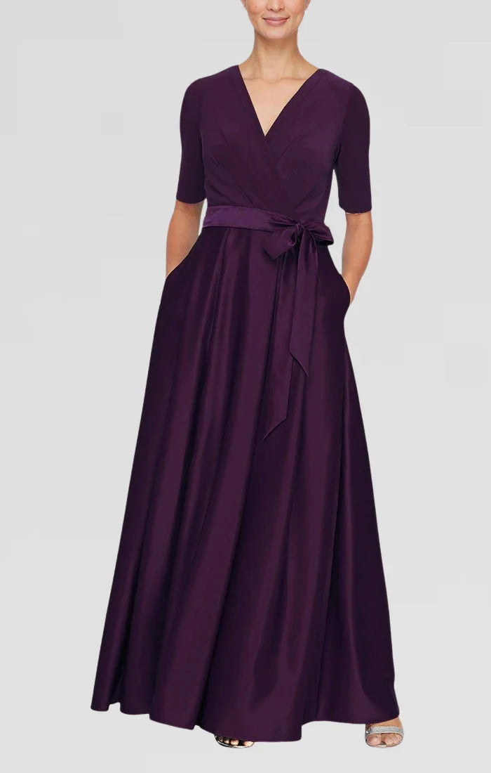 Elegant Blue Satin A-Line Short Sleeve Floor-Length Mother of the Bride Dress