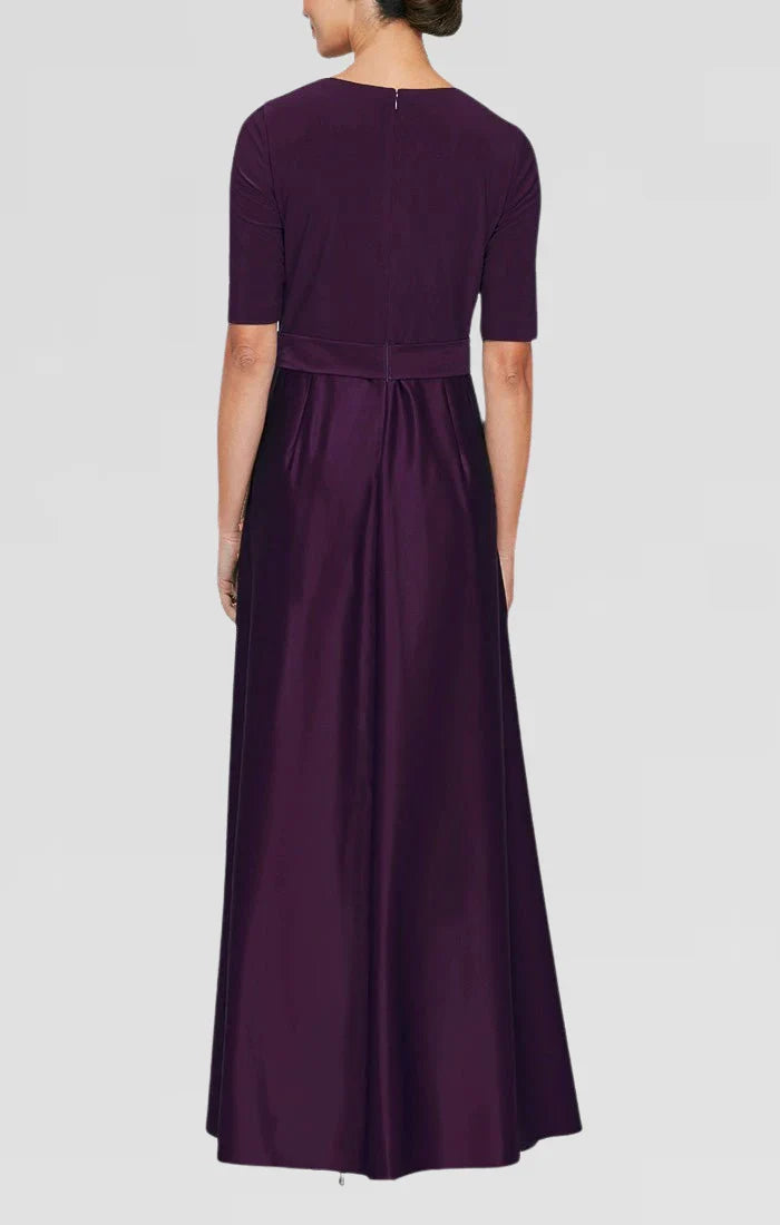 Elegant Blue Satin A-Line Short Sleeve Floor-Length Mother of the Bride Dress