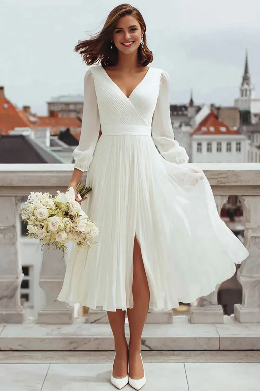 Special Occasion Sophisticated Graceful Elegant White Chiffon Long Sleeve Tea-Length Wedding Dress