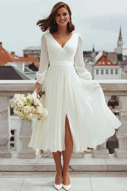 Special Occasion Sophisticated Graceful Elegant White Chiffon Long Sleeve Tea-Length Wedding Dress