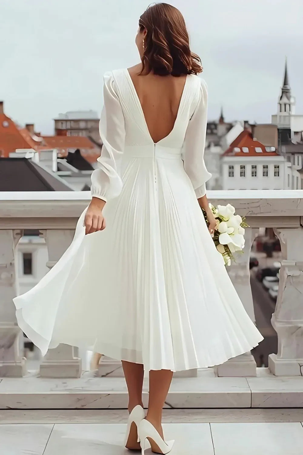 Special Occasion Sophisticated Graceful Elegant White Chiffon Long Sleeve Tea-Length Wedding Dress