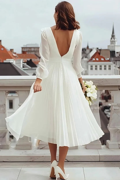 Special Occasion Sophisticated Graceful Elegant White Chiffon Long Sleeve Tea-Length Wedding Dress