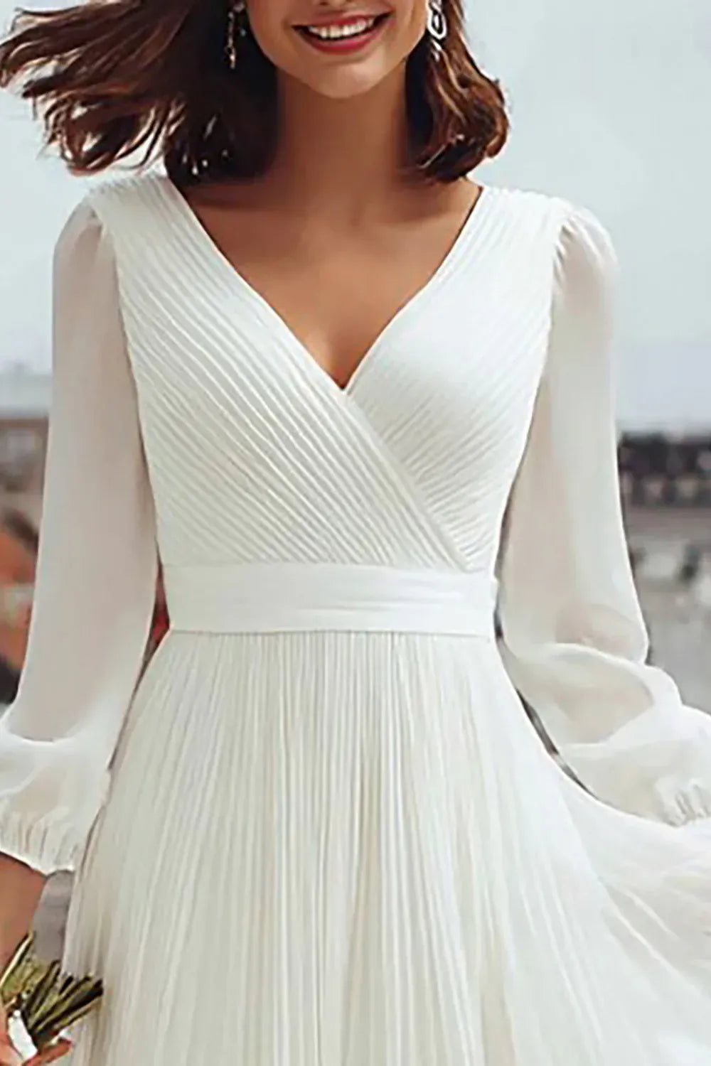 Special Occasion Sophisticated Graceful Elegant White Chiffon Long Sleeve Tea-Length Wedding Dress