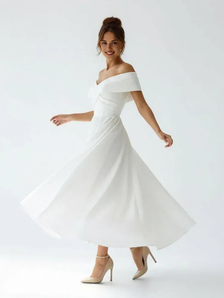 Beautiful Timeless Special Occasion Sophisticated Graceful Elegant White Satin Pleated Wedding Dress