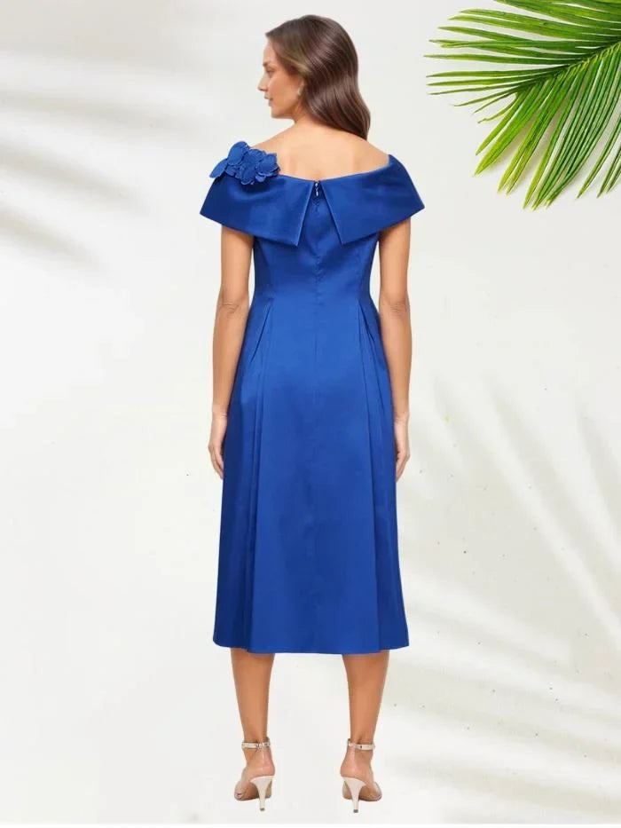 Timeless Chic Elegant Royal Blue Satin Tea-Length Mother of the Bride Dress