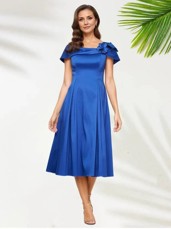 Timeless Chic Elegant Royal Blue Satin Tea-Length Mother of the Bride Dress