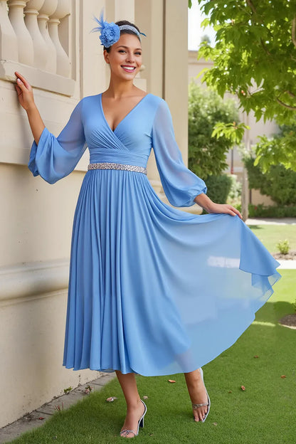 Elegant Light Blue Chiffon V-Neck Long Sleeve Tea-Length Mother of the Bride Dress