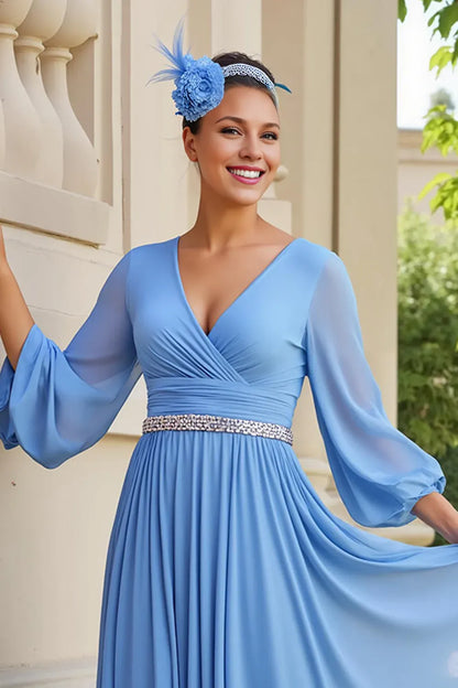 Elegant Light Blue Chiffon V-Neck Long Sleeve Tea-Length Mother of the Bride Dress