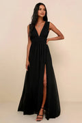 Black Prom Dress with Deep V - Neck Ruched Bodice and High Side Slit for Formal Events