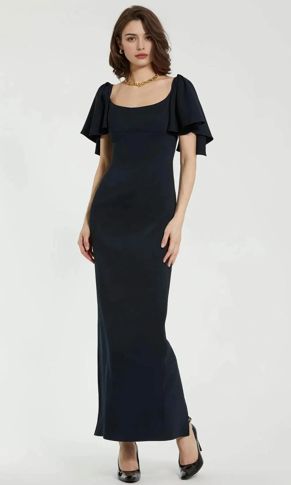 Black Evening Dress Square Neckline Flutter Short Sleeves and Body Conforming Design to Shine at Your Event