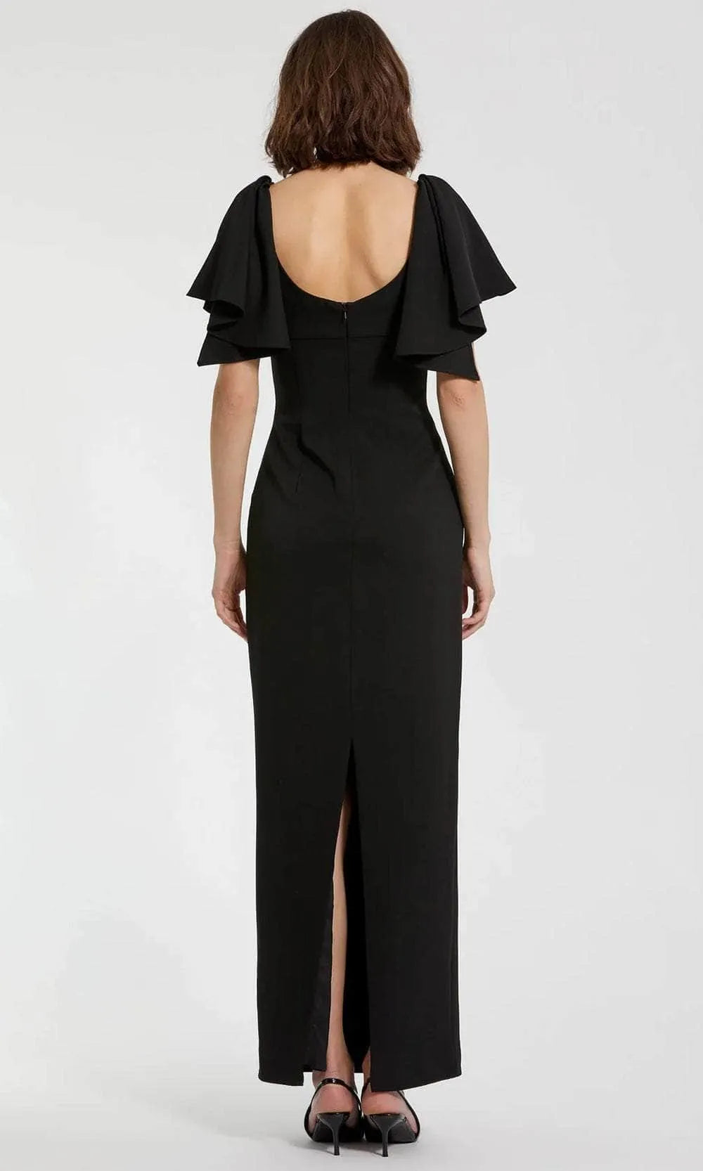 Black Evening Dress Square Neckline Flutter Short Sleeves and Body Conforming Design to Shine at Your Event