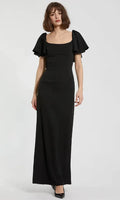 Black Evening Dress Square Neckline Flutter Short Sleeves and Body Conforming Design to Shine at Your Event