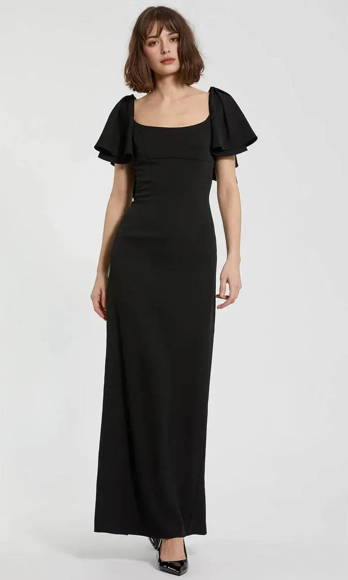 Black Evening Dress Square Neckline Flutter Short Sleeves and Body Conforming Design to Shine at Your Event