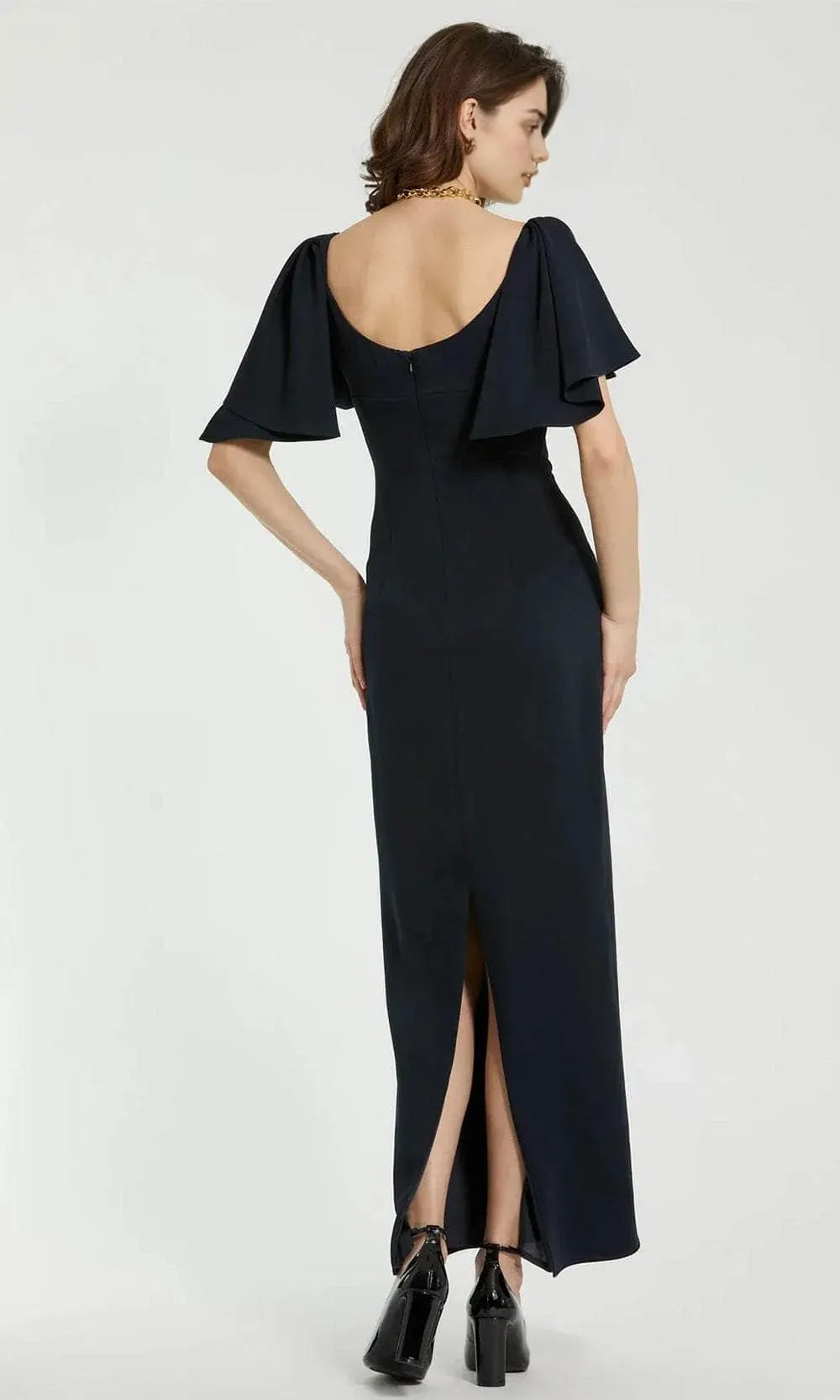 Black Evening Dress Square Neckline Flutter Short Sleeves and Body Conforming Design to Shine at Your Event