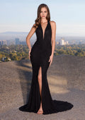 Black Mermaid Halter-Neck Sleeveless Backless Floor-Length Prom Dresses with High Slit