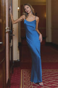 Blue Sheath Scoop Neck Spaghetti Straps Open Back Floor-Length Prom Dresses ﻿for women