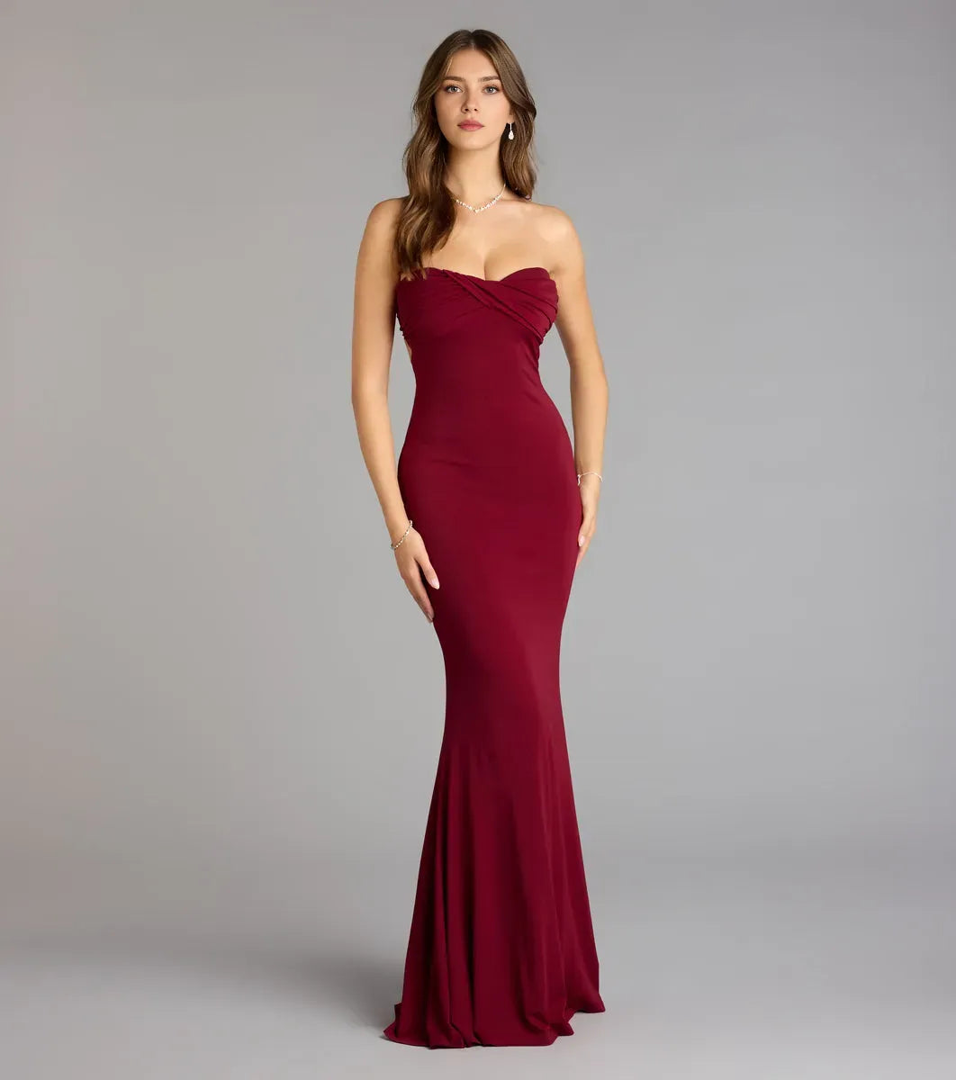 Burgundy Mermaid Sweetheart Neck Strapless Cut-Out-Back Floor-Length Prom Dresses