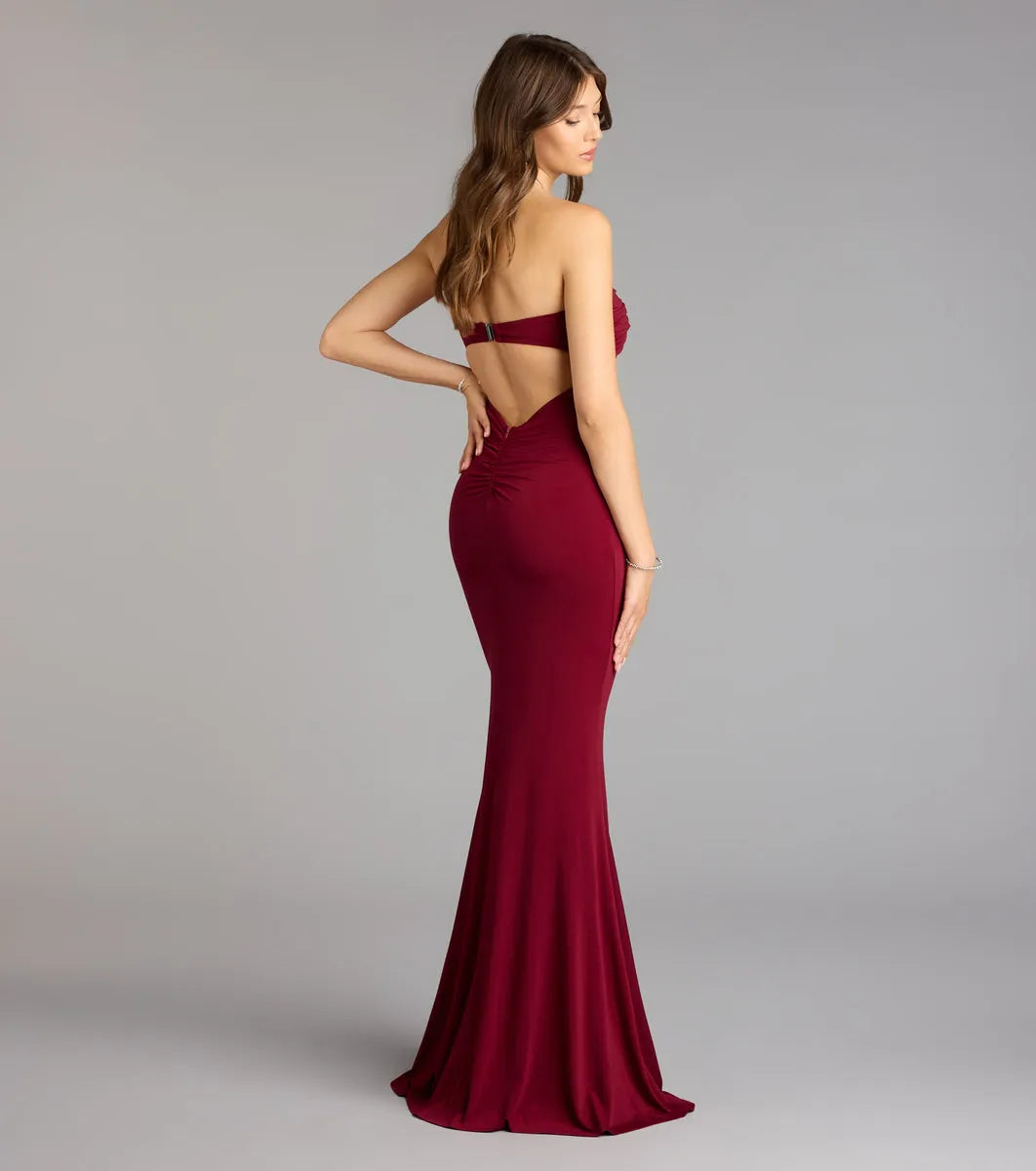 Burgundy Mermaid Sweetheart Neck Strapless Cut-Out-Back Floor-Length Prom Dresses