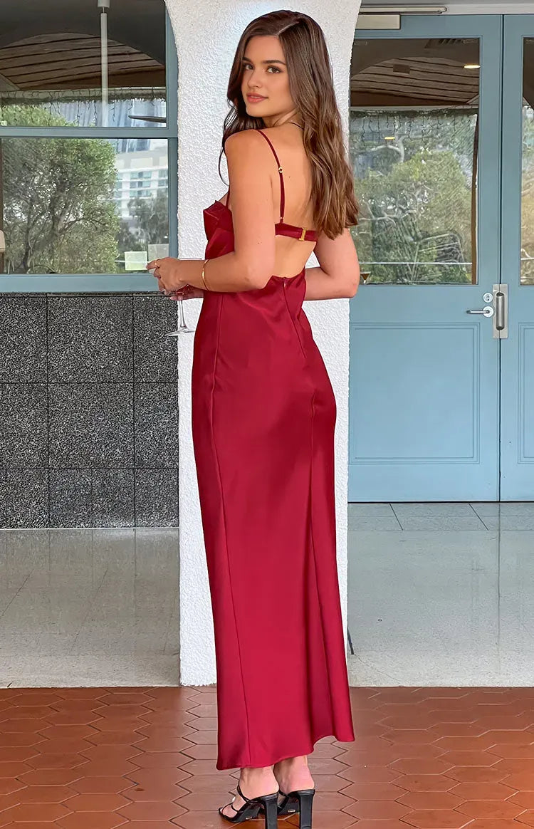 Burgundy Prom Dress Spaghetti Straps Trimmed Bodice Floor Length Style for Timeless Elegance
