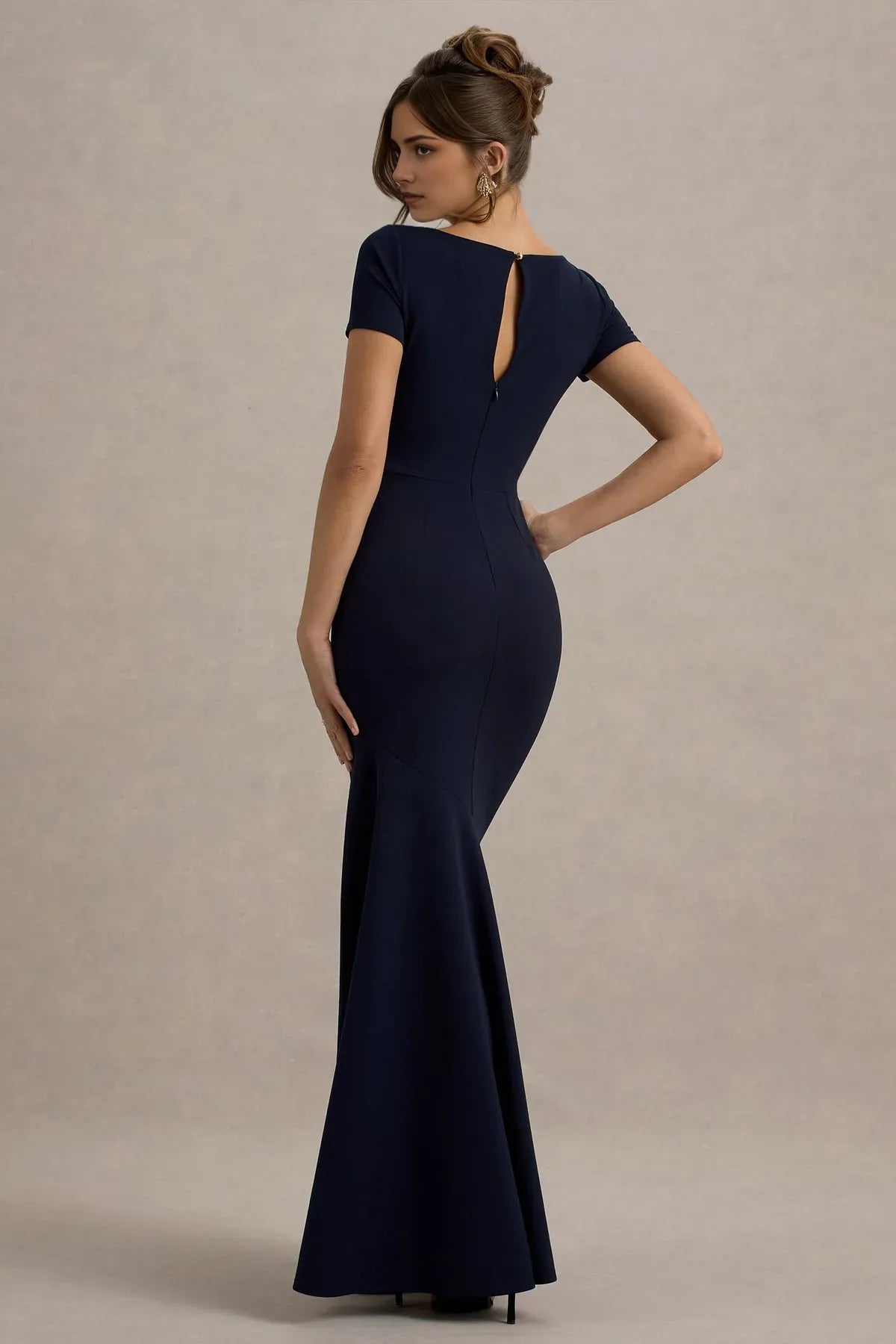 Navy Blue Boat Neck Prom Dresses Short Sleeved Mermaid Fit Timeless Prom Elegance