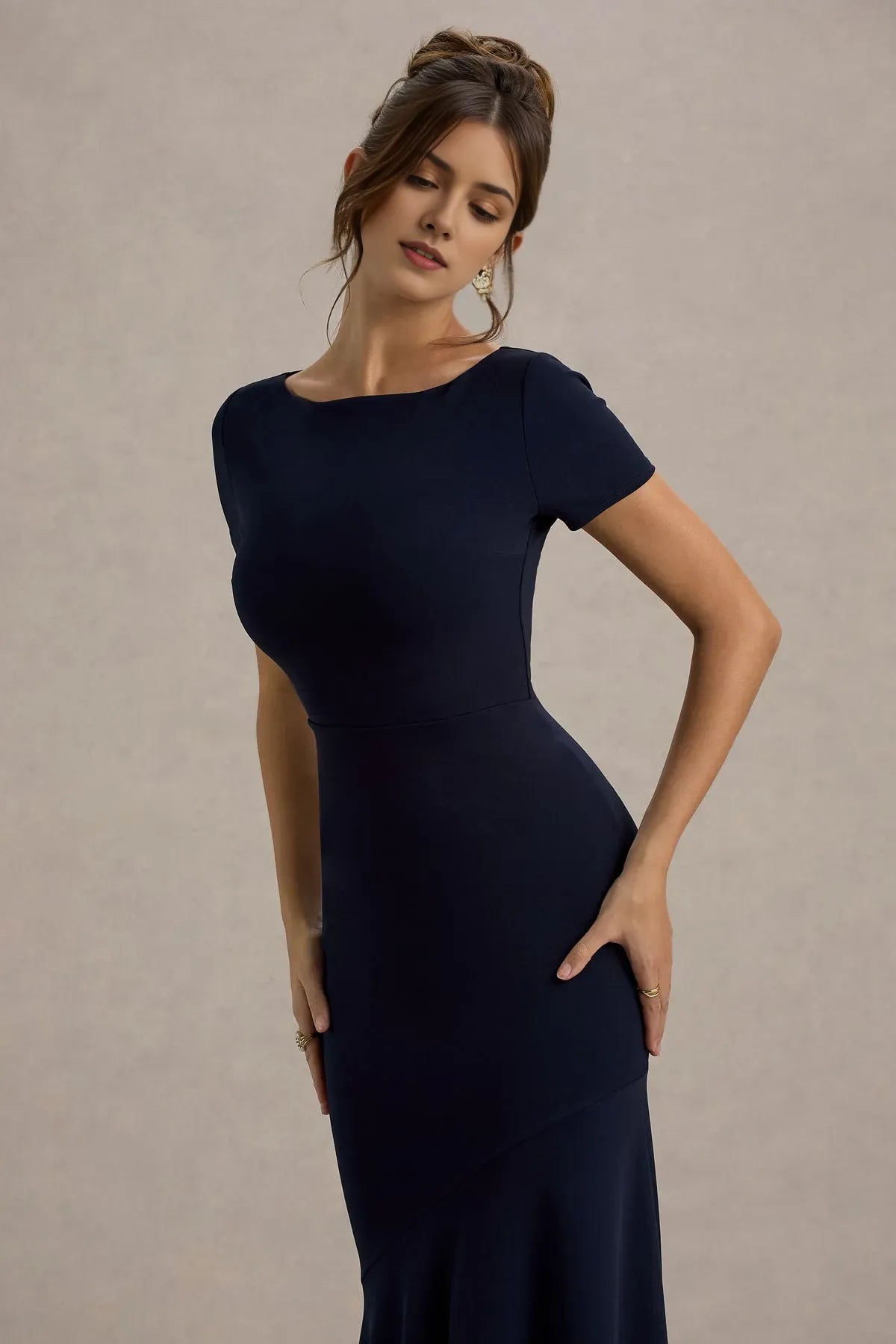 Navy Blue Boat Neck Prom Dresses Short Sleeved Mermaid Fit Timeless Prom Elegance