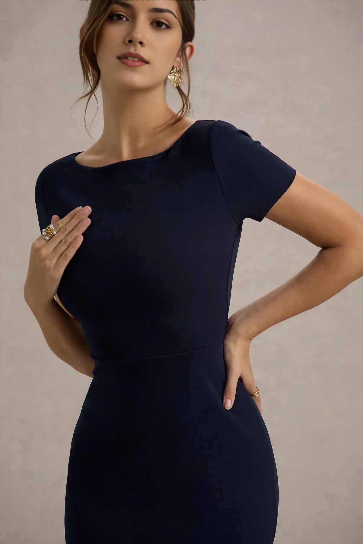 Navy Blue Boat Neck Prom Dresses Short Sleeved Mermaid Fit Timeless Prom Elegance