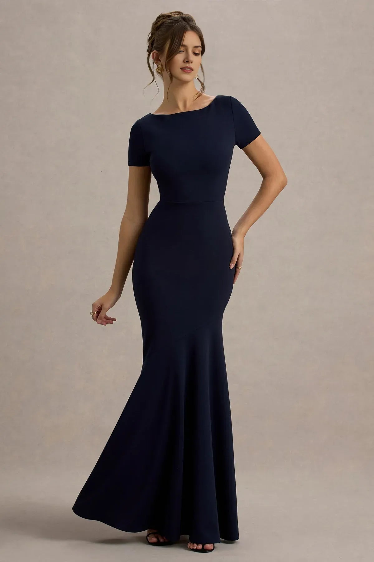 Navy Blue Boat Neck Prom Dresses Short Sleeved Mermaid Fit Timeless Prom Elegance