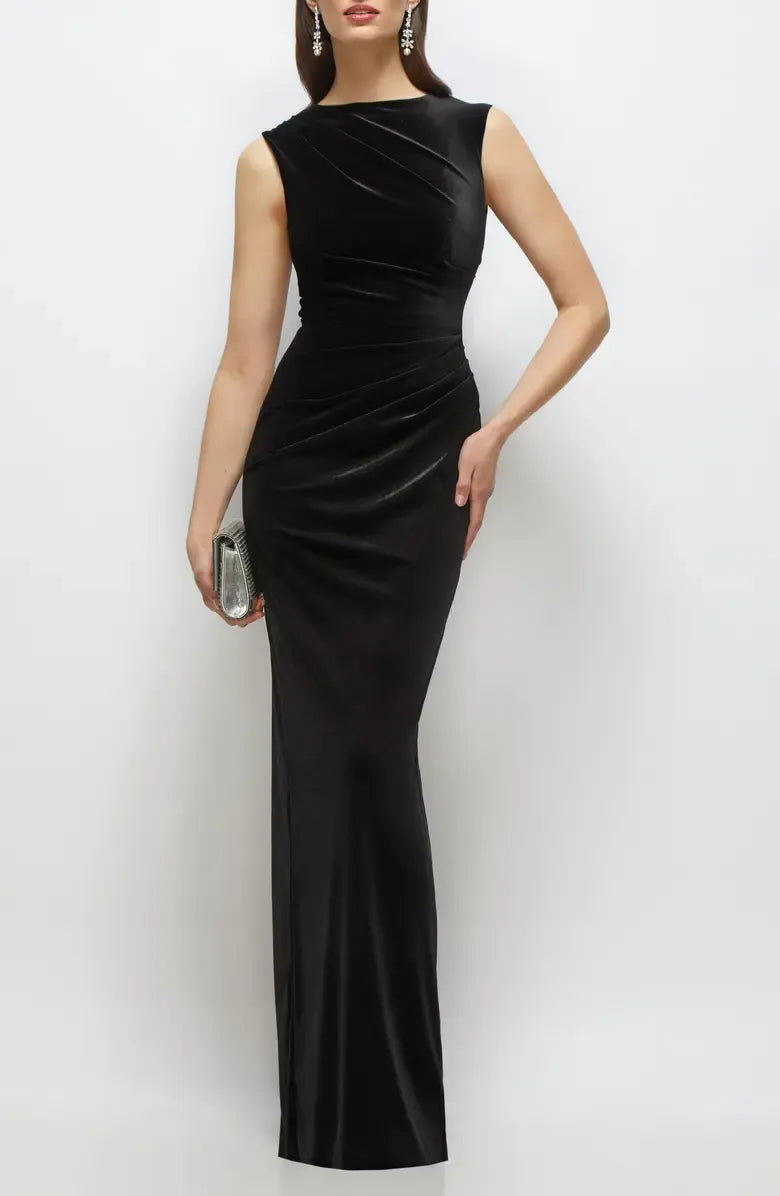 Refined Beautiful Timeless Special Occasion Elegant Black Velvet Sleeveless Floor-Length Prom Dress