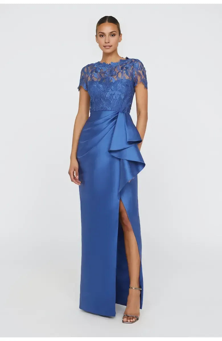 Beautiful Timeless Special Occasion Elegant Blue Satin High Neck Floor-Length Prom Dress