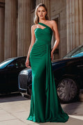 Green Dark Mermaid One-Shoulder Sleeveless Back Zip Ruched Bodice Draped Floor-Length Prom Dresses
