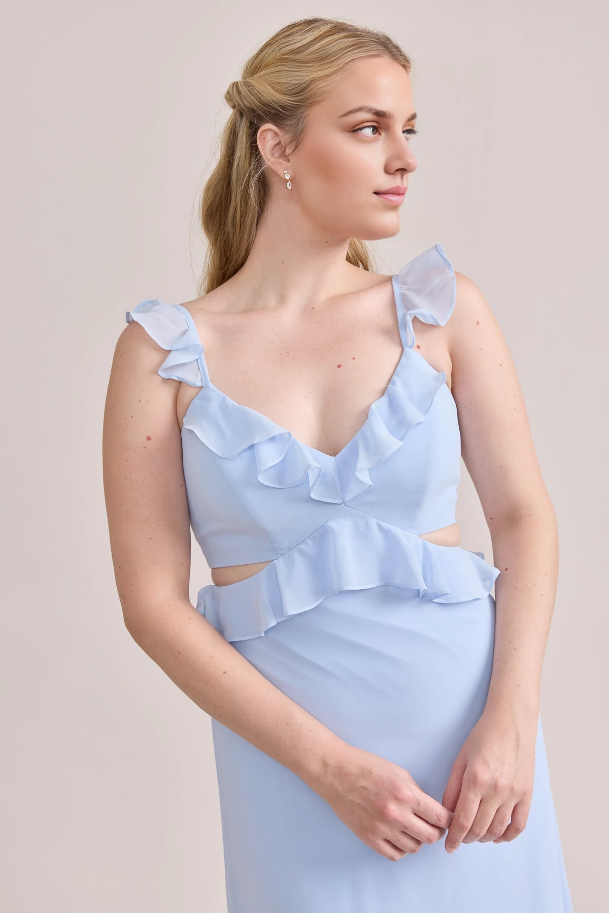 Sophisticated Graceful Stylish Refined Elegant Light Blue Lace A-Line Sleeveless Bridesmaid Dress