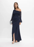 Graceful Stylish Elegant Navy Blue Chiffon Asymmetric Long Sleeve Floor-Length Prom Dress