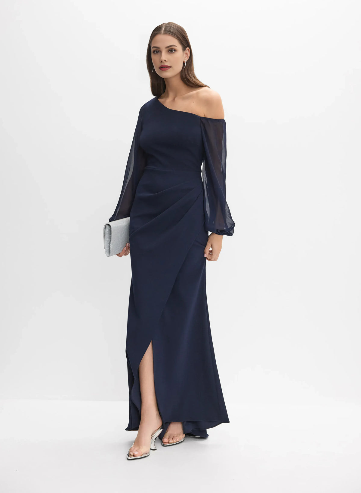 Graceful Stylish Elegant Navy Blue Chiffon Asymmetric Long Sleeve Floor-Length Prom Dress