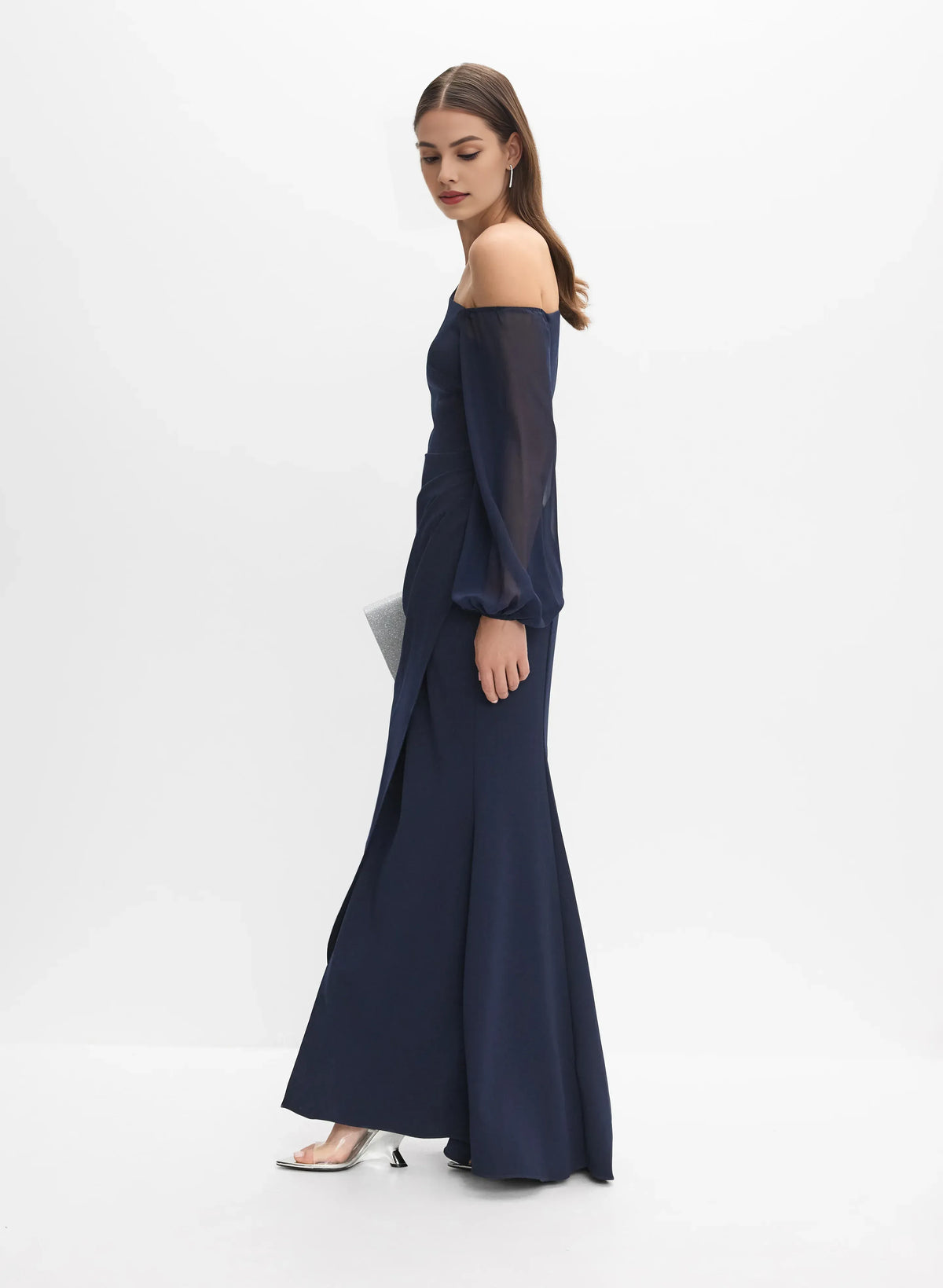 Graceful Stylish Elegant Navy Blue Chiffon Asymmetric Long Sleeve Floor-Length Prom Dress