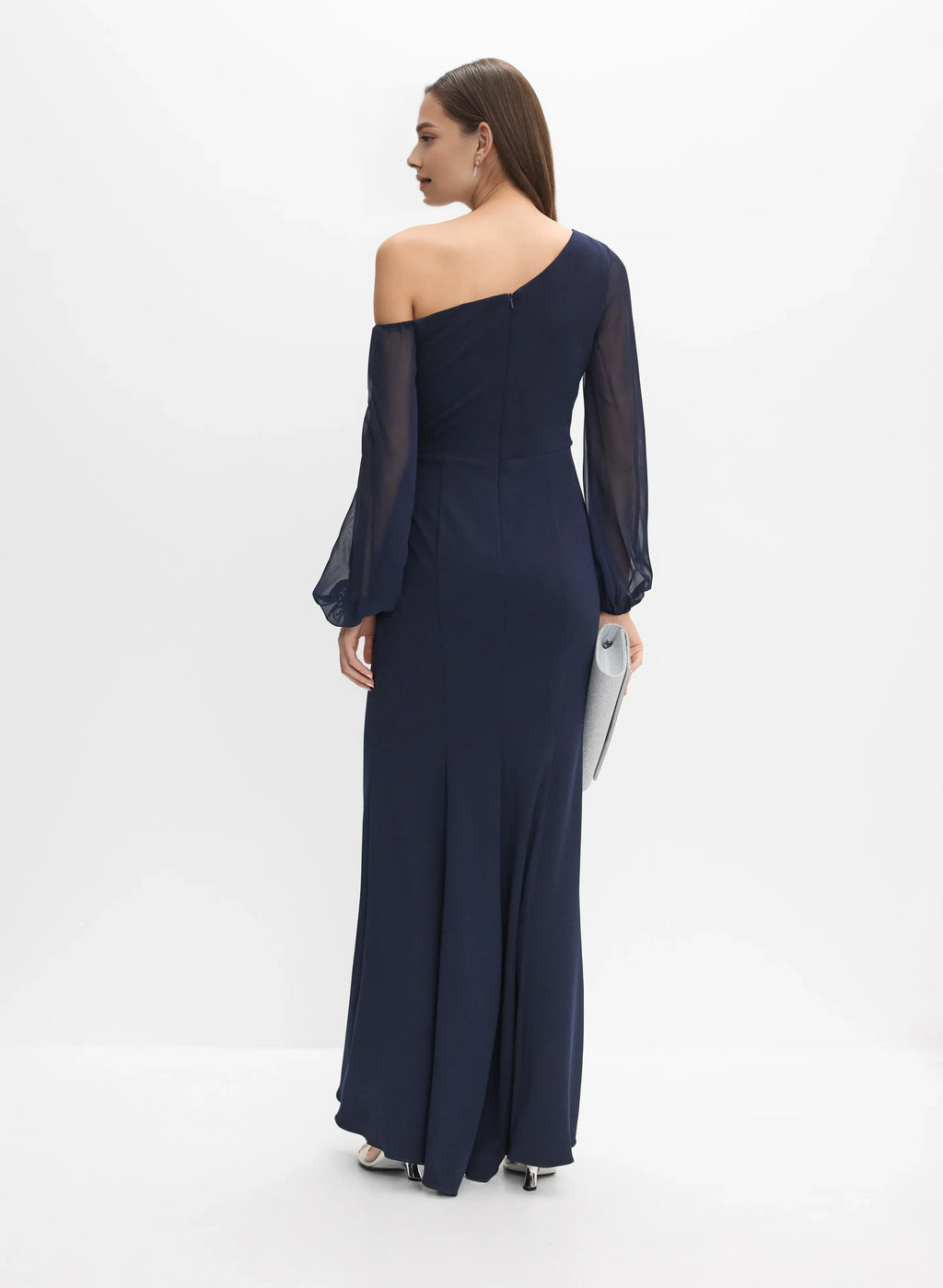 Graceful Stylish Elegant Navy Blue Chiffon Asymmetric Long Sleeve Floor-Length Prom Dress