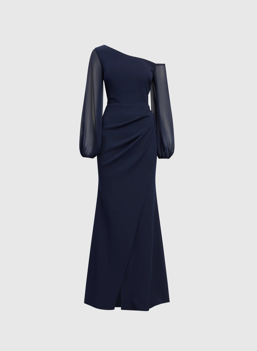 Graceful Stylish Elegant Navy Blue Chiffon Asymmetric Long Sleeve Floor-Length Prom Dress
