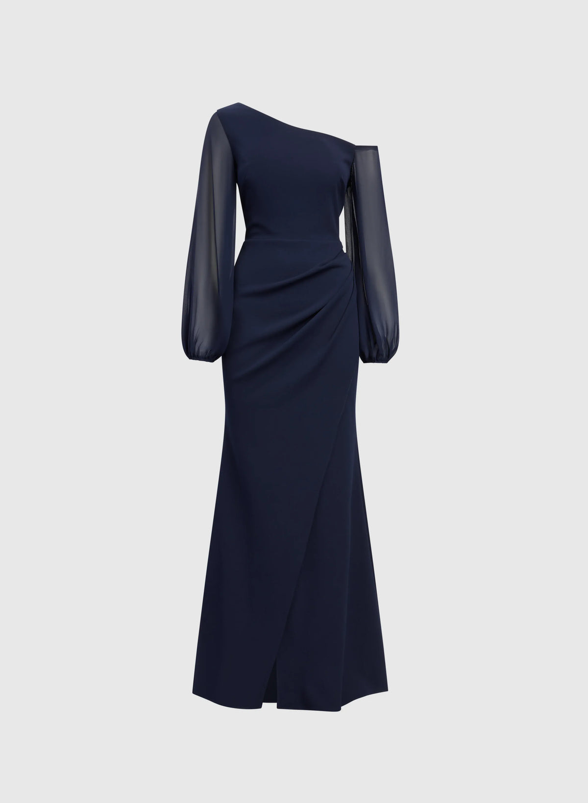 Graceful Stylish Elegant Navy Blue Chiffon Asymmetric Long Sleeve Floor-Length Prom Dress