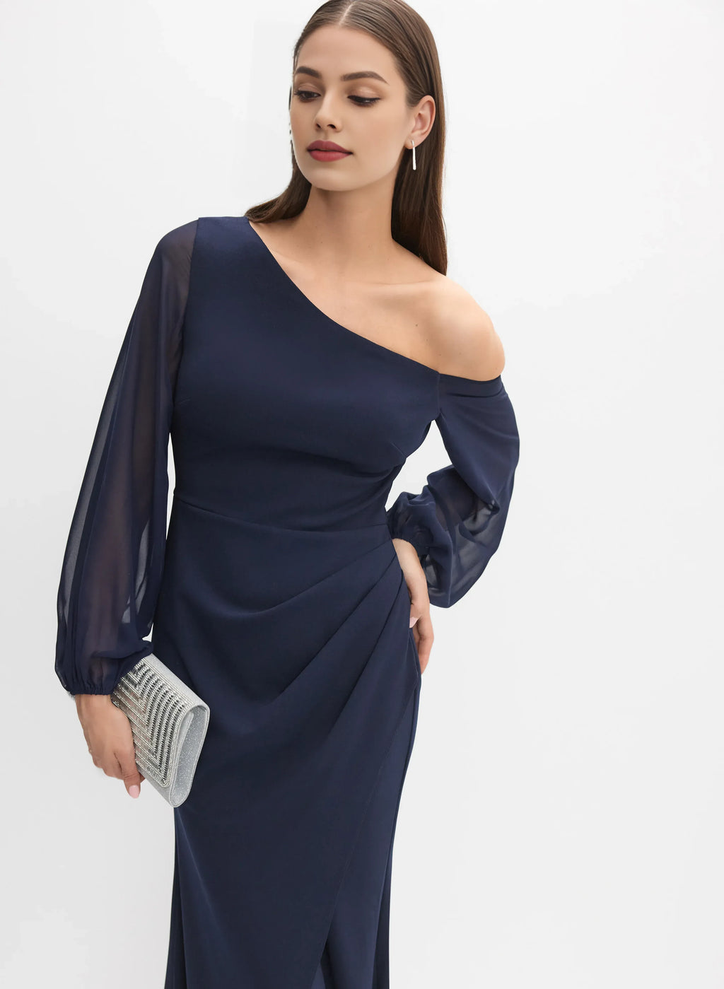 Graceful Stylish Elegant Navy Blue Chiffon Asymmetric Long Sleeve Floor-Length Prom Dress