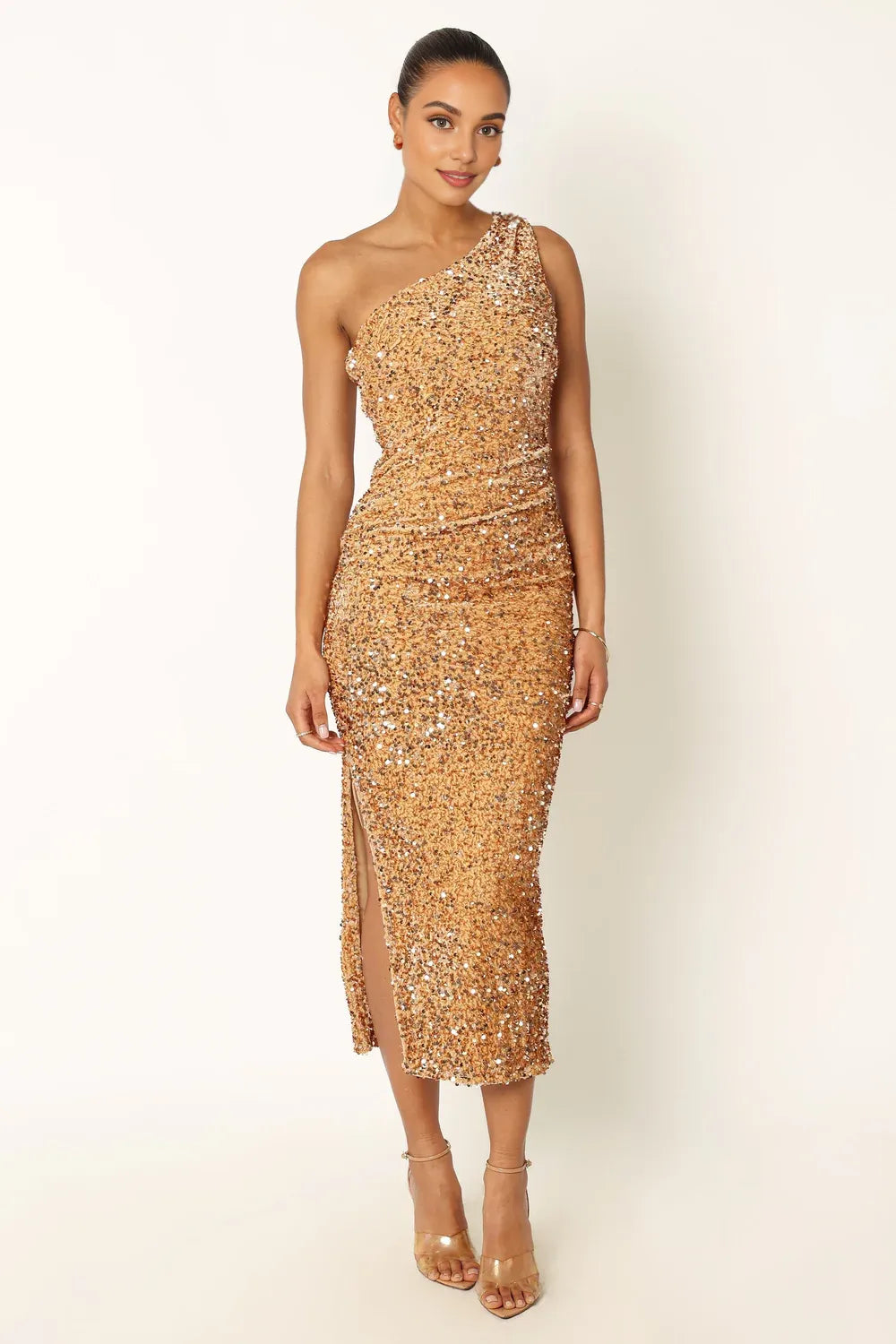 Special Occasion Sophisticated Graceful Stylish Refined Beautiful Elegant Gold Sequins Sleeveless Prom Dress